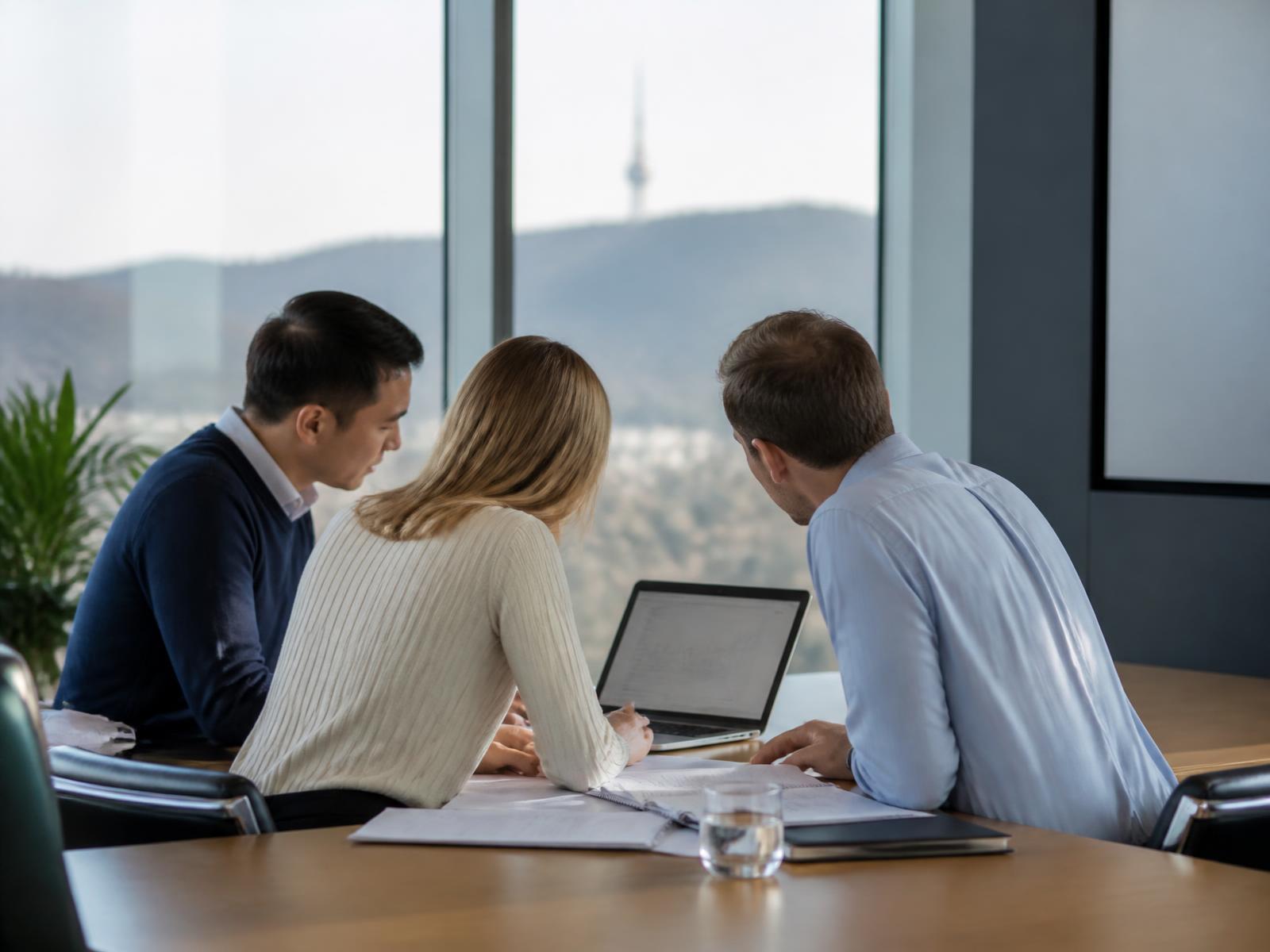 Professional consultants in a modern Canberra boardroom reviewing documents