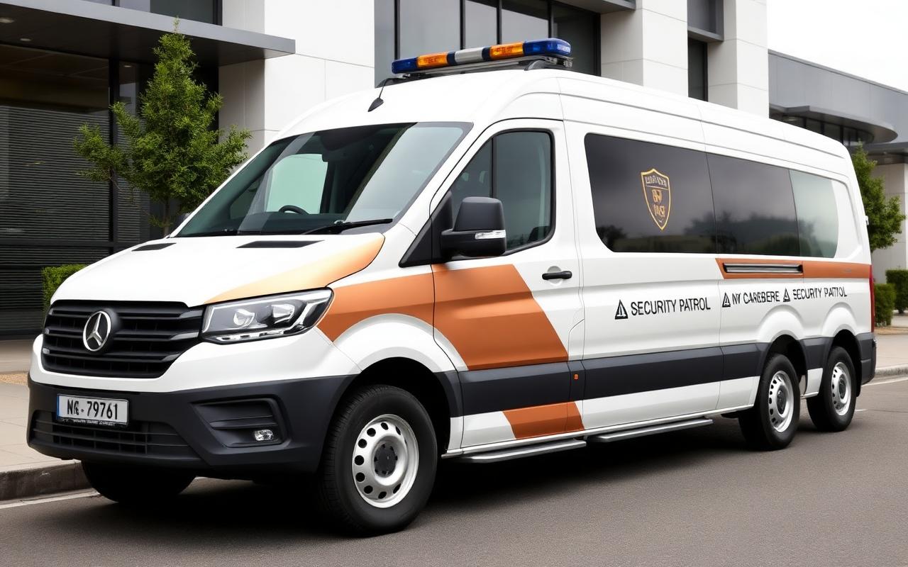 Jd Global branded patrol vehicle outside a modern office building